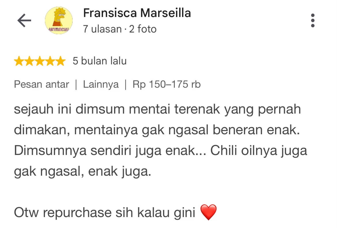 Ulasan Google tambahan dari Fransisca Marseilla untuk LalaGi Dimsum