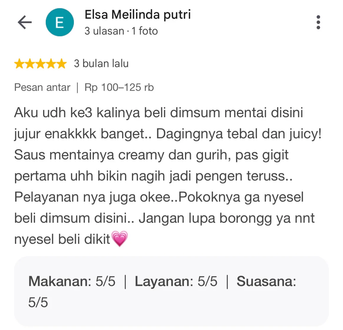 Ulasan Google tambahan dari Elsa Meilinda Putri untuk LalaGi Dimsum