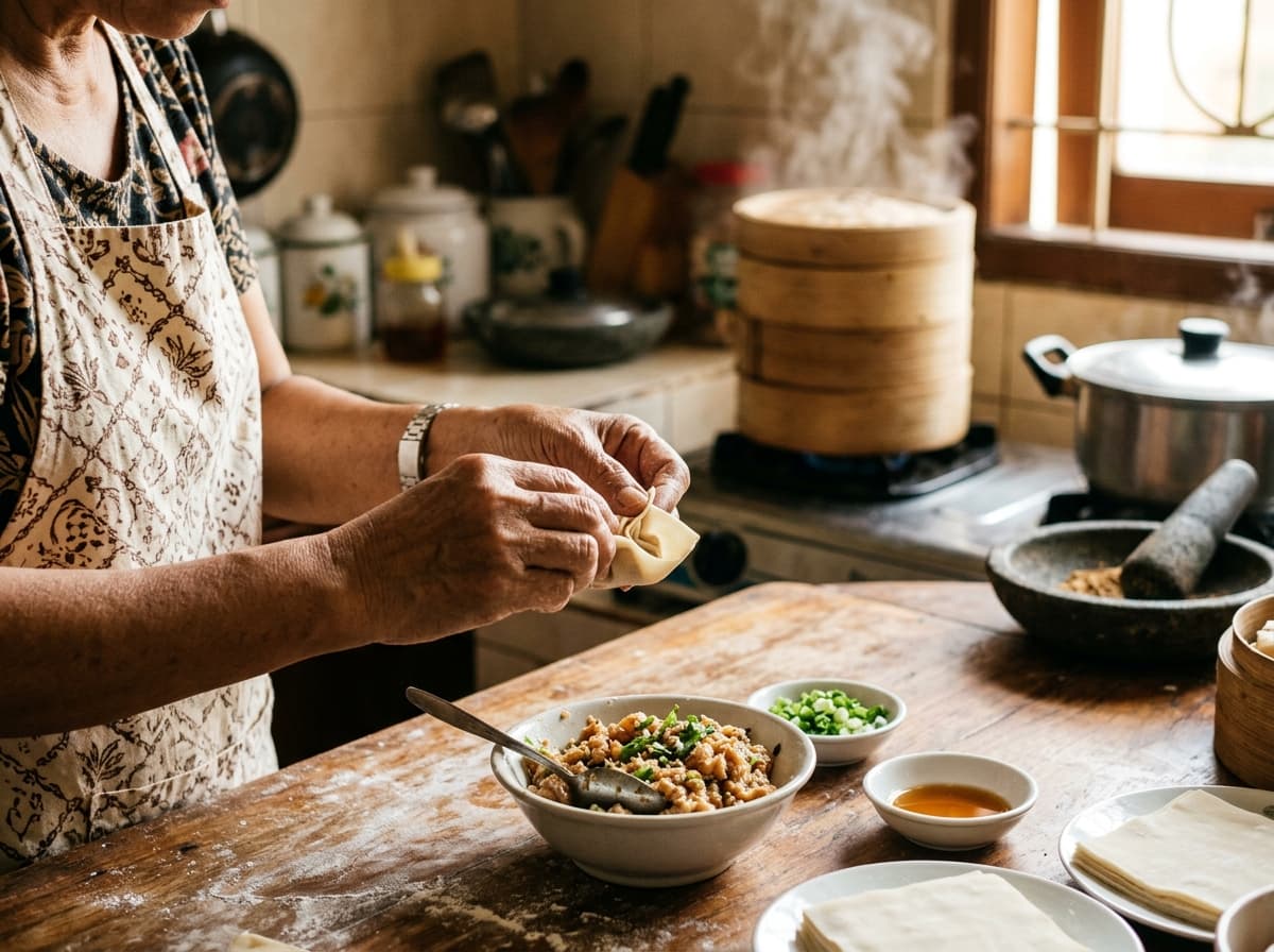 Tim dapur LalaGi membuat dimsum dengan tangan di Jagakarsa
